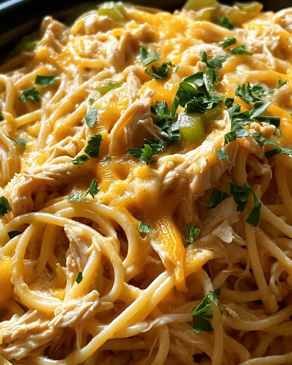 Slow Cooker Amish Cheesy Chicken Spaghetti