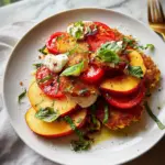 Corn Fritter Caprese with Peaches and Tomatoes 28 Corn Fritter Caprese with Peaches and Tomatoes