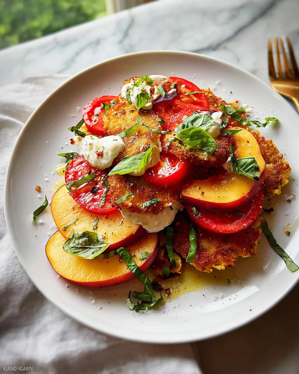 Corn Fritter Caprese with Peaches and Tomatoes