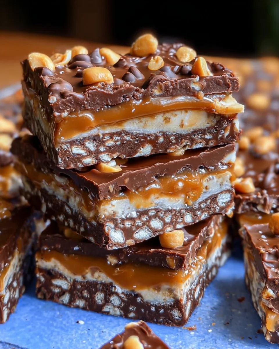 No Bake Crispy Snickers Bars