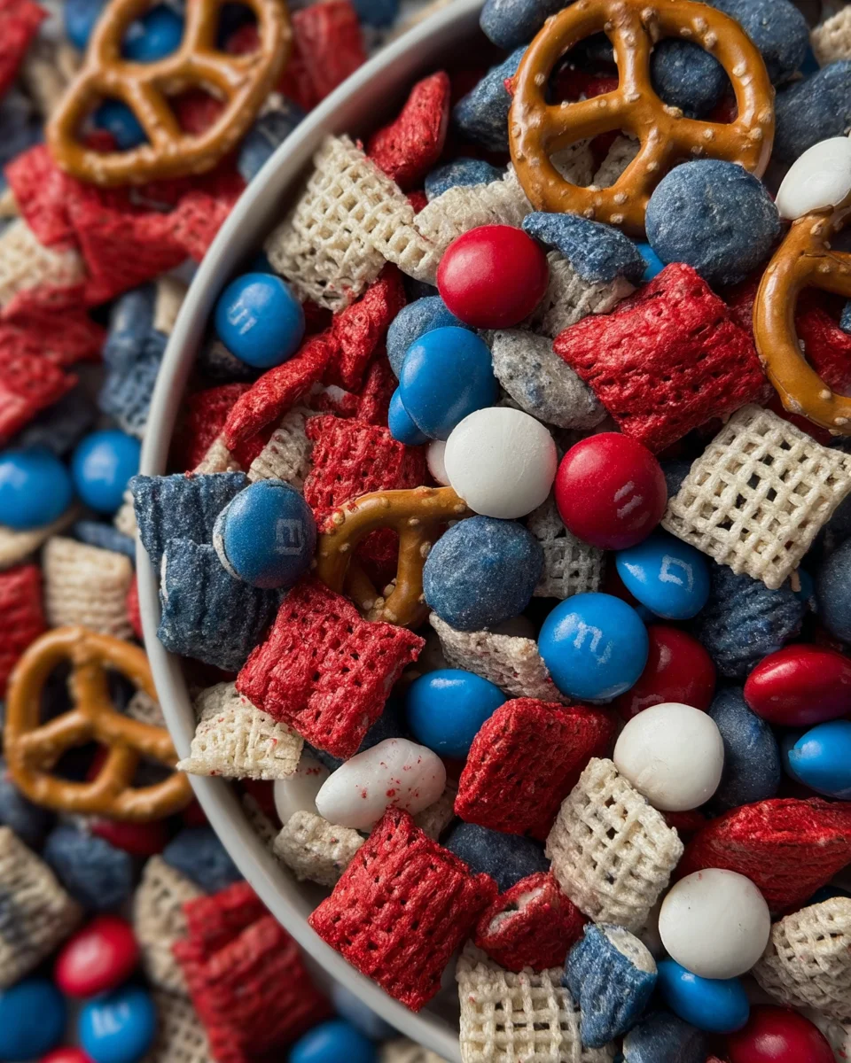 Red, white, and blue snack mix