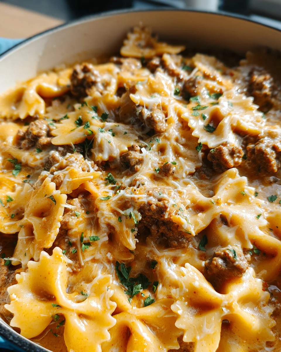 Cheesy Beef and Bowtie Pasta in Garlic Butter