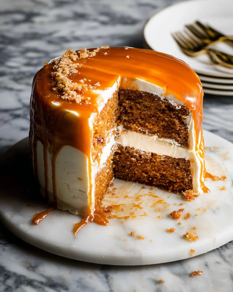 Pumpkin Cake with Cream Cheese Frosting and Salted Caramel Drizzle
