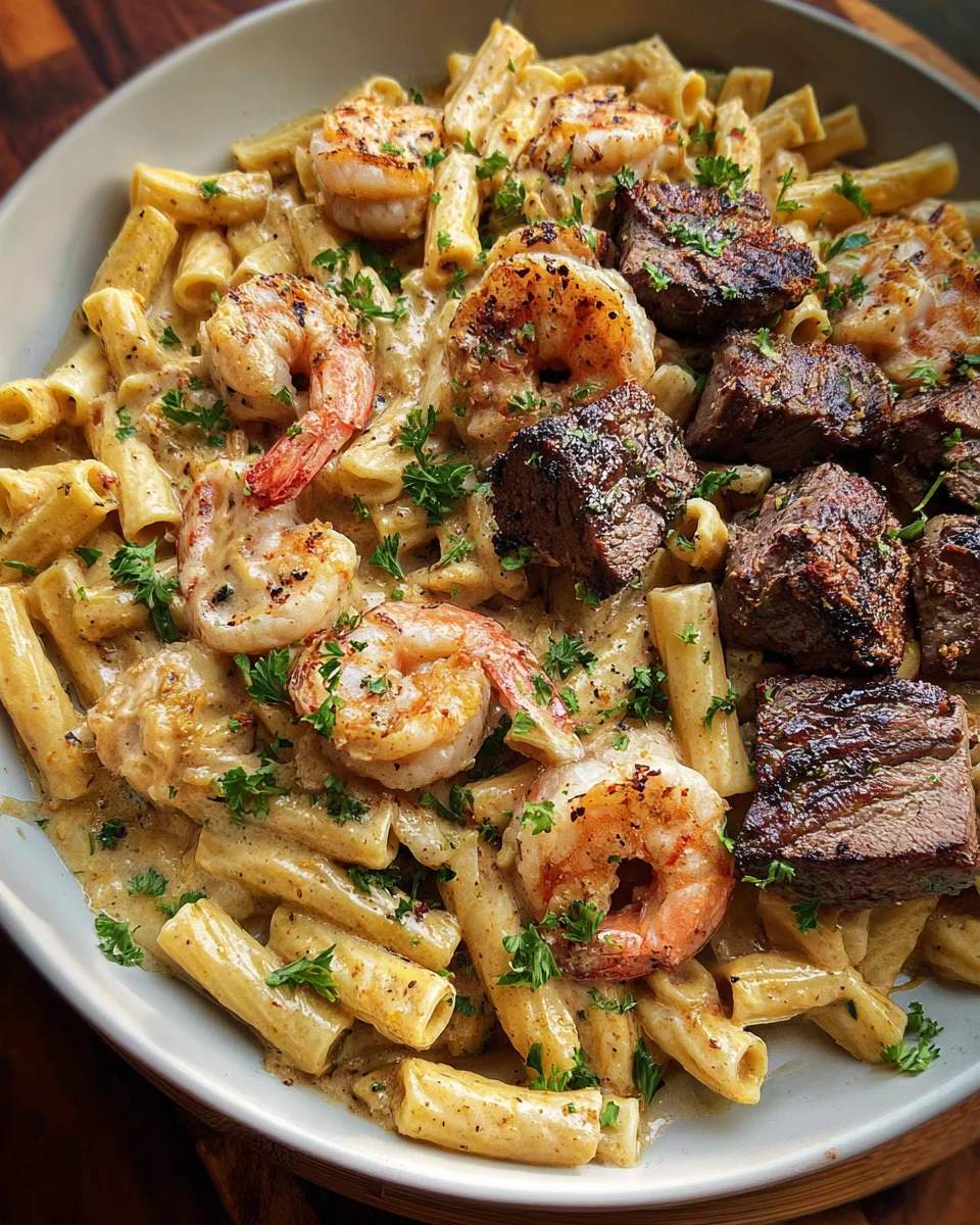 Blackened Steak and Shrimp Alfredo