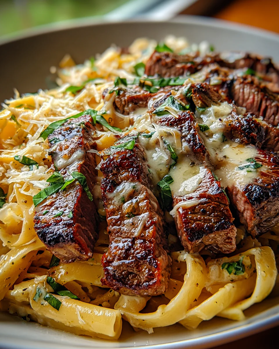 Steak and Creamy Garlic Parmesan Pasta