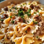 Beef and Bowtie Pasta with Alfredo Sauce 21 Beef and Bowtie Pasta with Alfredo Sauce