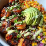 Grilled Shrimp Bowl with Avocado, Corn Salsa & Creamy Garlic Sauce 20 Grilled Shrimp Bowl with Avocado, Corn Salsa & Creamy Garlic Sauce