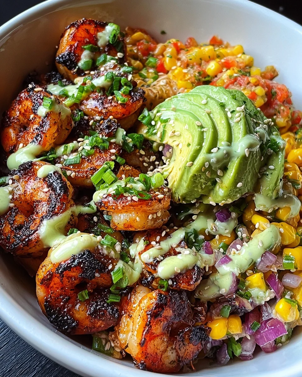 Grilled Shrimp Bowl with Avocado, Corn Salsa & Creamy Garlic Sauce 23 Grilled Shrimp Bowl with Avocado, Corn Salsa & Creamy Garlic Sauce