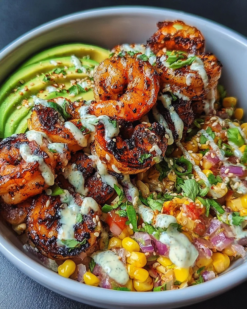 Grilled Shrimp Bowl with Avocado, Corn Salsa & Creamy Garlic Sauce 19 Grilled