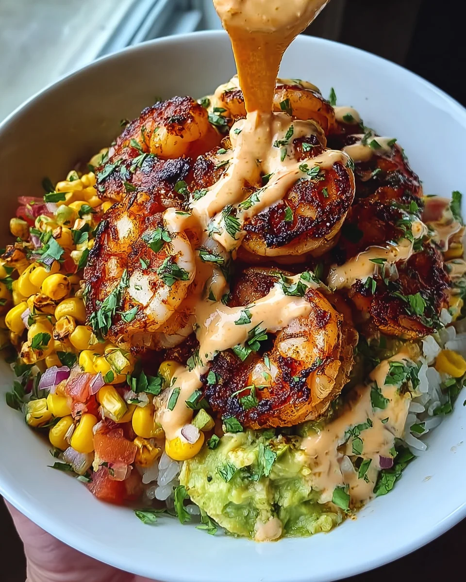 Grilled Shrimp Bowl with Avocado, Corn Salsa & Creamy Sauce
