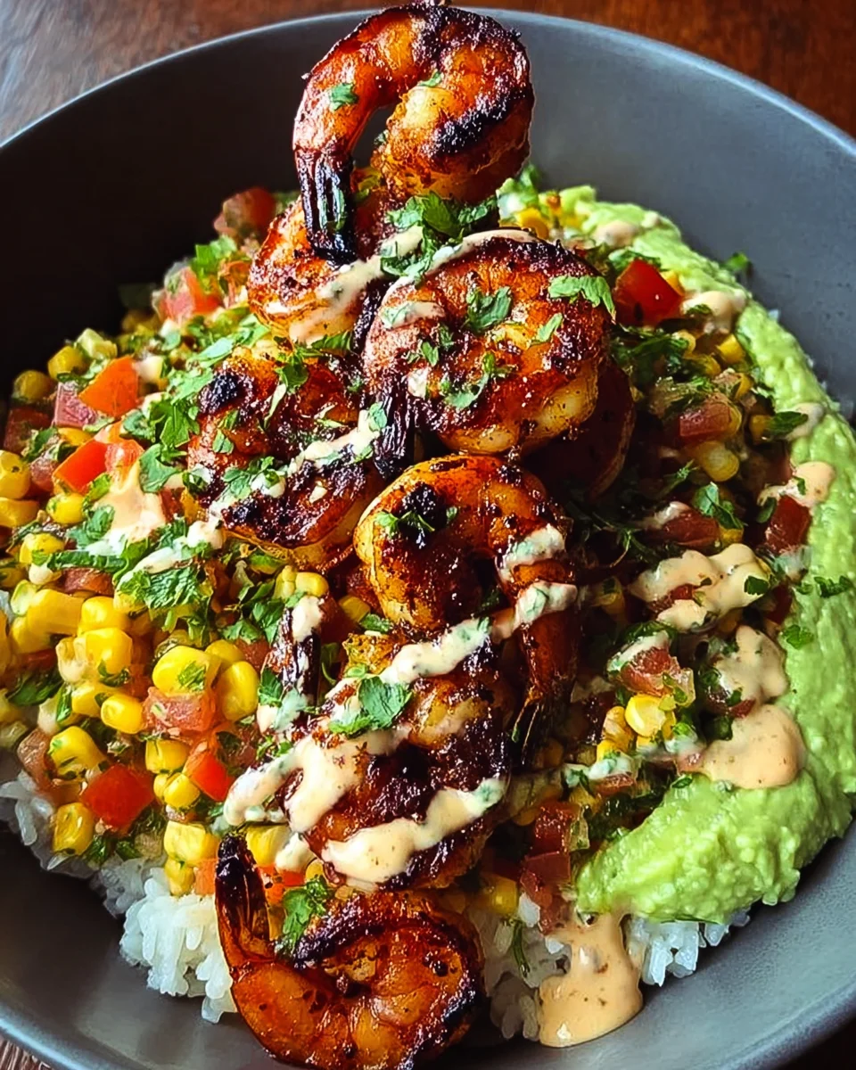 Grilled Shrimp Bowl with Avocado, Corn Salsa & Creamy Sauce 32 Grilled
