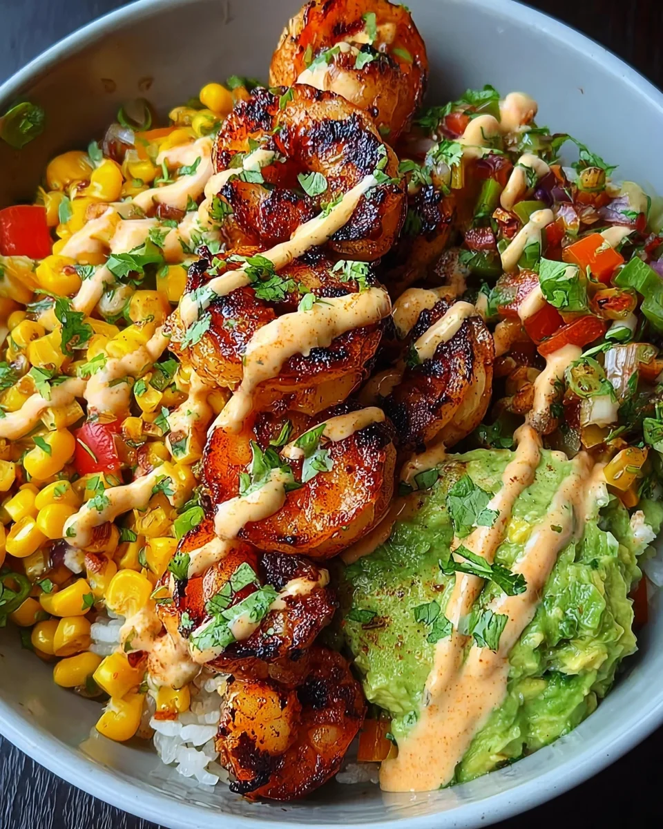 Grilled Shrimp Bowl with Avocado, Corn Salsa & Creamy Sauce 33 Grilled
