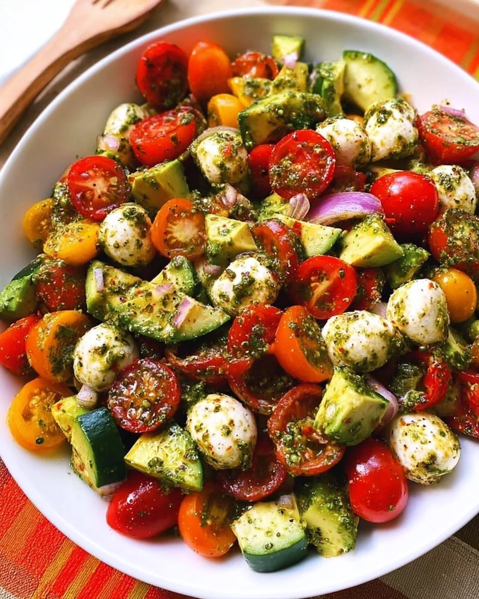 Tomato Cucumber Avocado Salad with Mozzarella and Basil Pesto 27 Tomato Cucumber Avocado Salad with Mozzarella and Basil Pesto