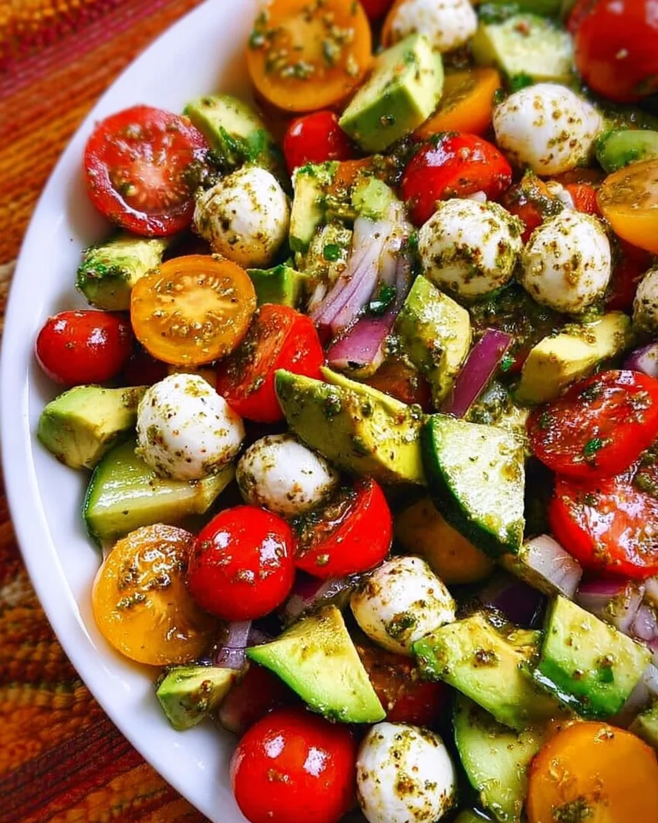 Tomato Cucumber Avocado Salad with Mozzarella and Basil Pesto 17 Tomato