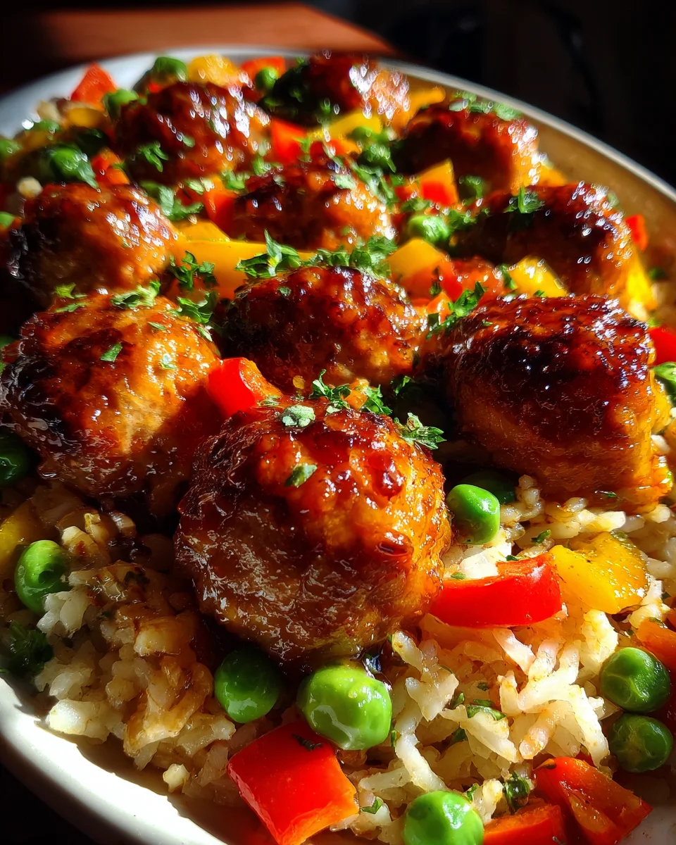 Honey Garlic Meatball Rice Bake