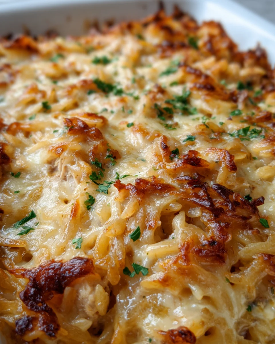 French Onion Chicken Orzo Casserole