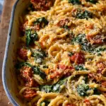 Baked Boursin Cheese Pasta with Sundried Tomatoes and Spinach