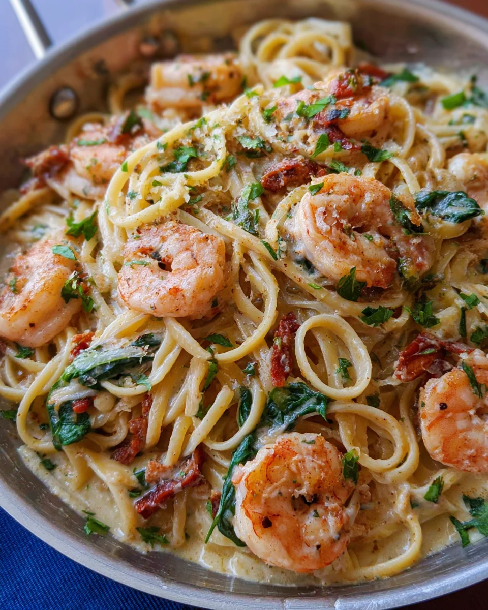 Creamy Tuscan shrimp linguine